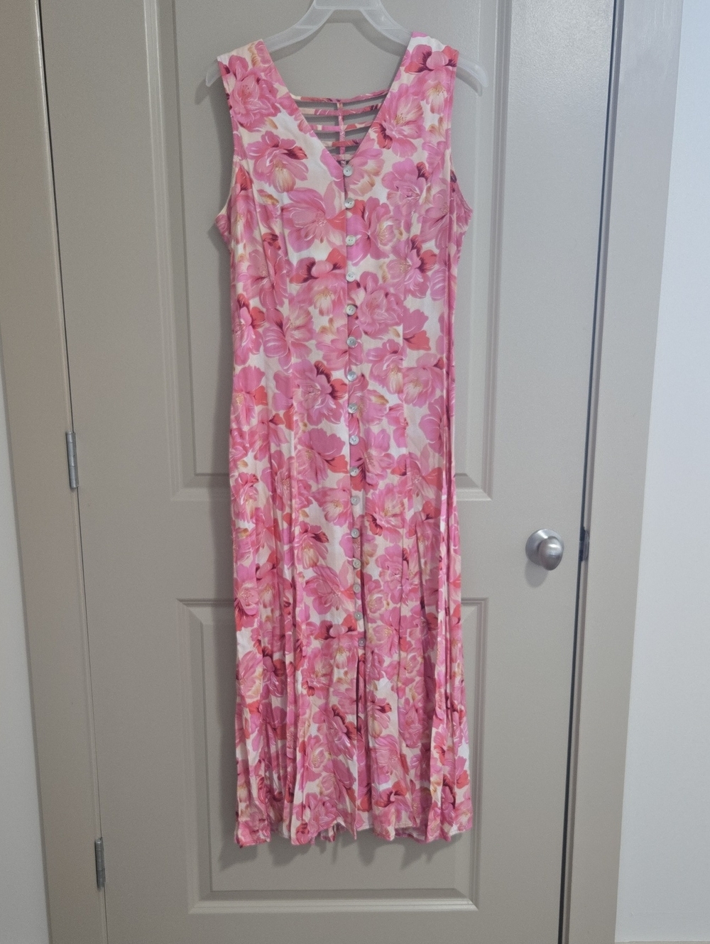 Women's Pink Floral Button-Front Maxi Dress with Ladder-Back Detail